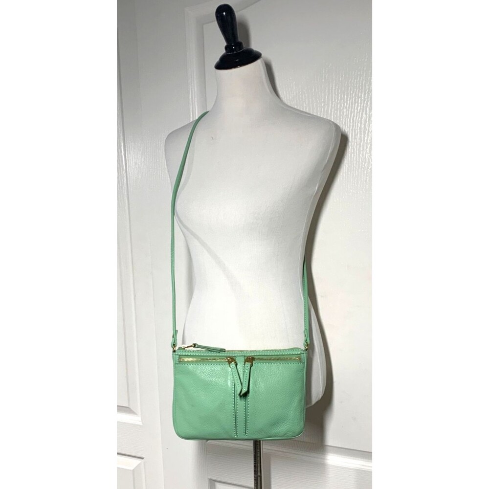 Fossil Erin Crossbody Handbag Cow Hide Pebbled Leather Green Organizer Top Zip